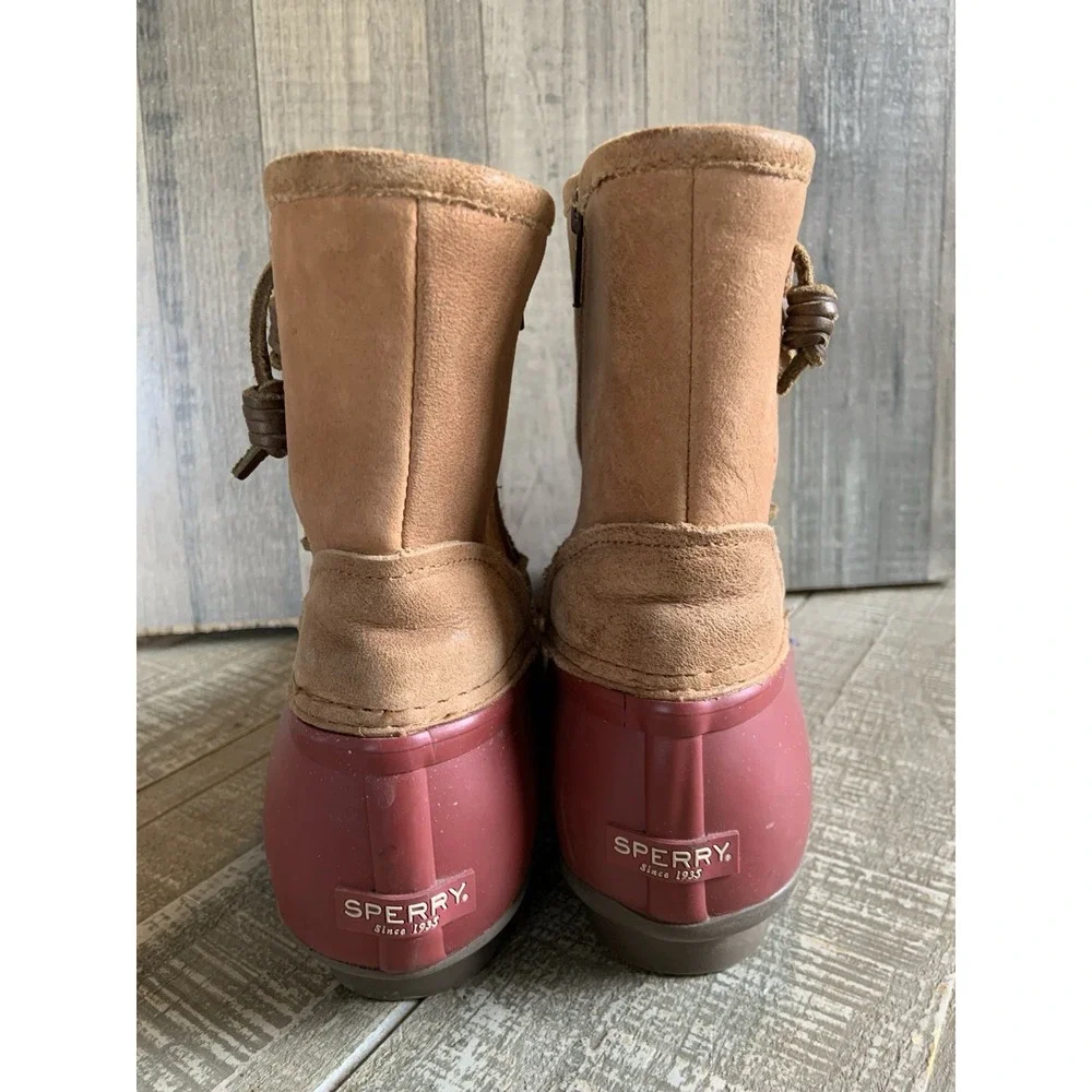 Sperry‎ Saltwater Women's Rain Duck Boots Tan Burgundy Side Zipper Size 9.5